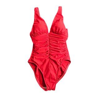 Miraclesuit Womens Ruched One Piece Swimsuit, Red, V-Neck, Shaping, Size 8